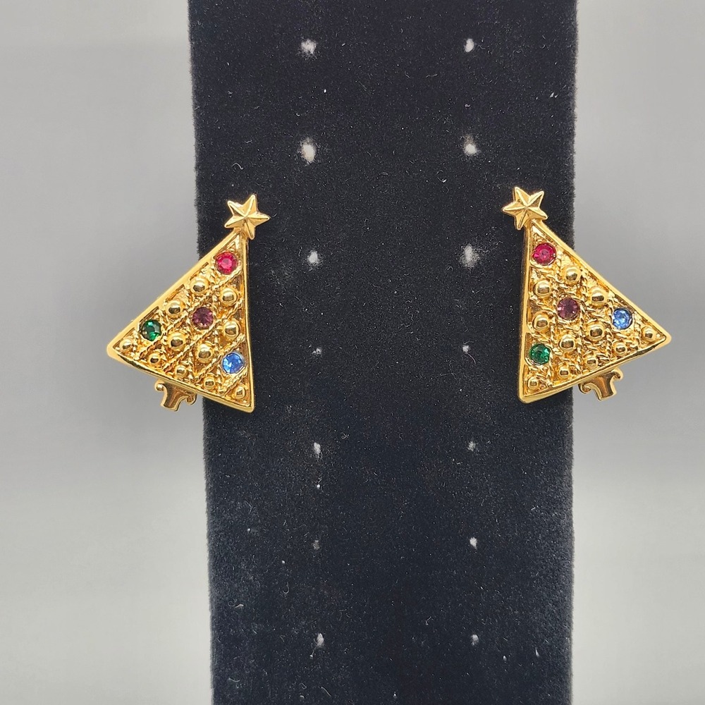 Christmas Tree Clip-On Earrings 1" Gold Tone Multi-Color Rhinestone Holiday
